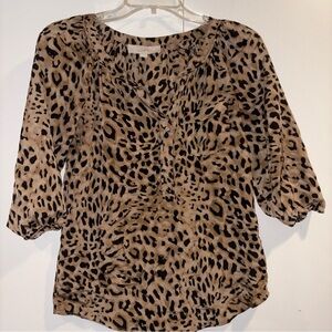 LOFT Leopard-Print Scoop Neck Blouse in Tan and Black
